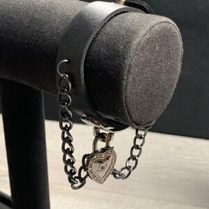 Black Faux Leather Heart Padlock Chain Cuff Bracelet Goth Punk Emo 5018